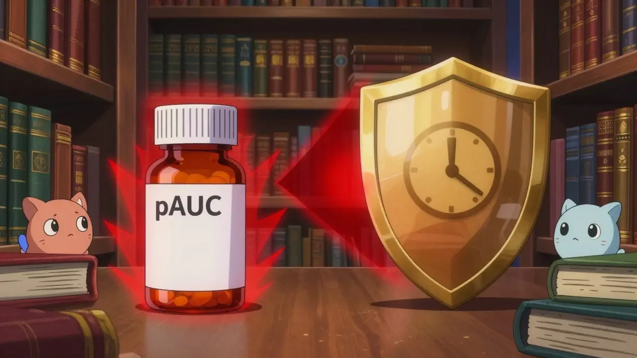 Split anime scene showing a dangerous generic pill blocked by a protective shield, illustrating pAUC safety benefits.