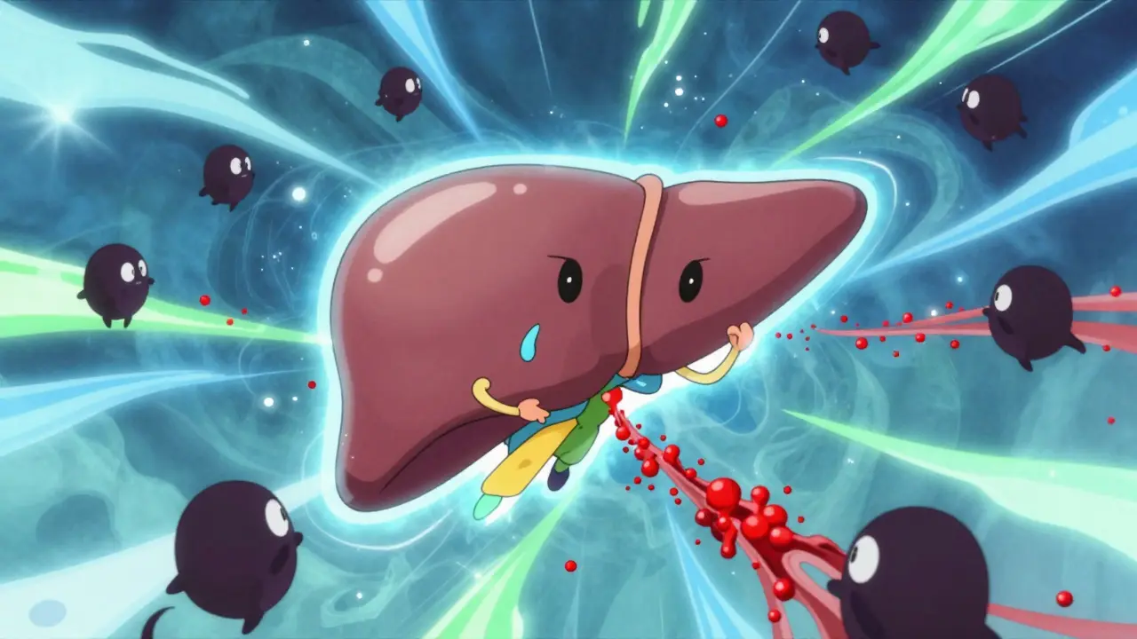 Stylized liver blocked by shadow creatures representing drug inhibition