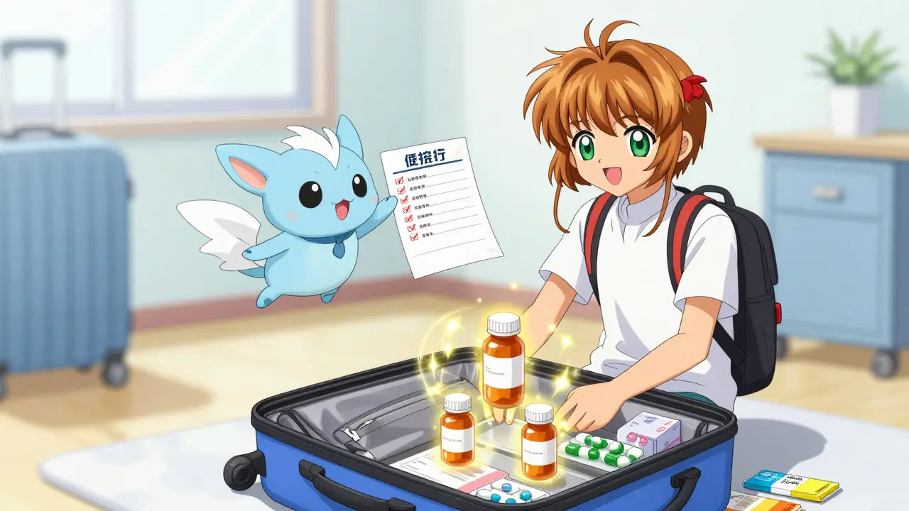 Anime character safely packing glowing medications in a carry-on bag