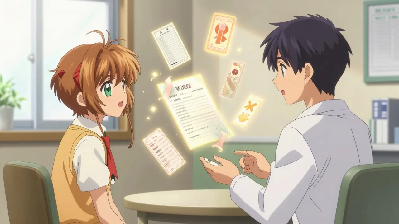 Anime style scene of a traveler consulting a doctor with floating medical documents