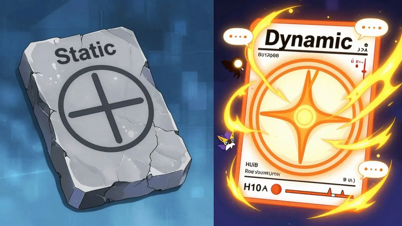 Comparison of static vs dynamic QR codes shown as magical seals with vibrant anime art
