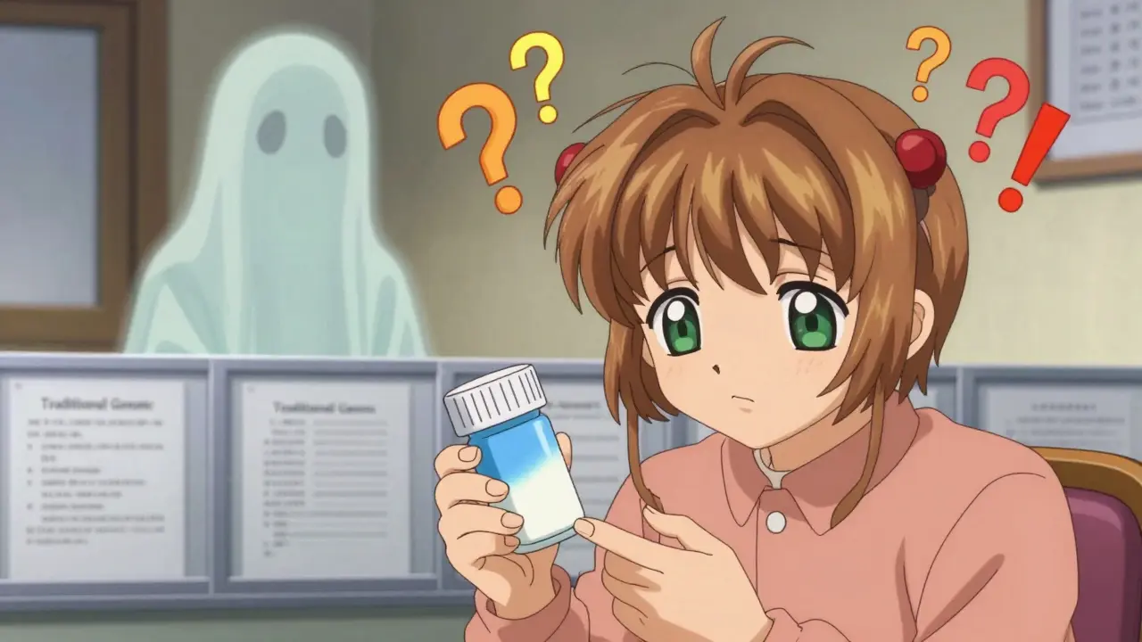 Confused patient holding a medication bottle with changed packaging