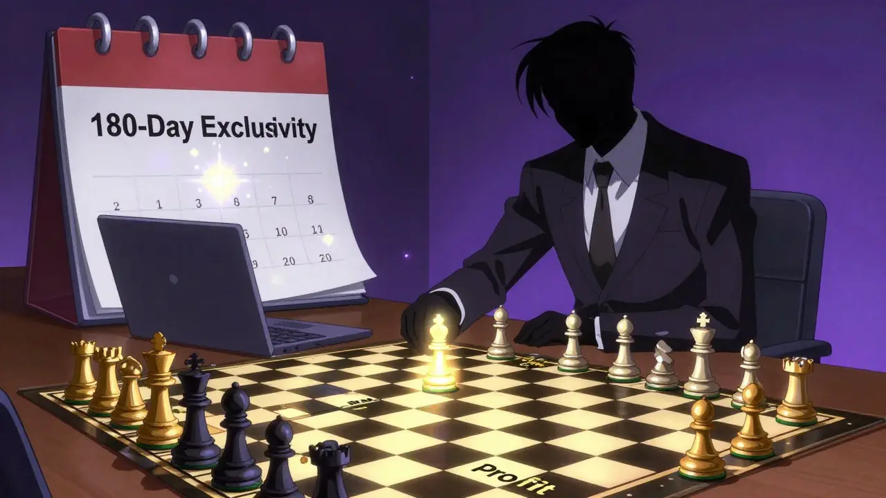 Corporate strategist playing a high-stakes patent game on a board