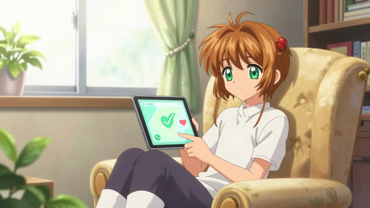 Cozy anime scene of person using tablet for telehealth