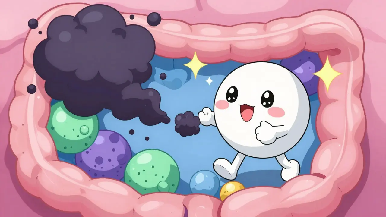Cute anime character flushing out toxins in a colorful gut