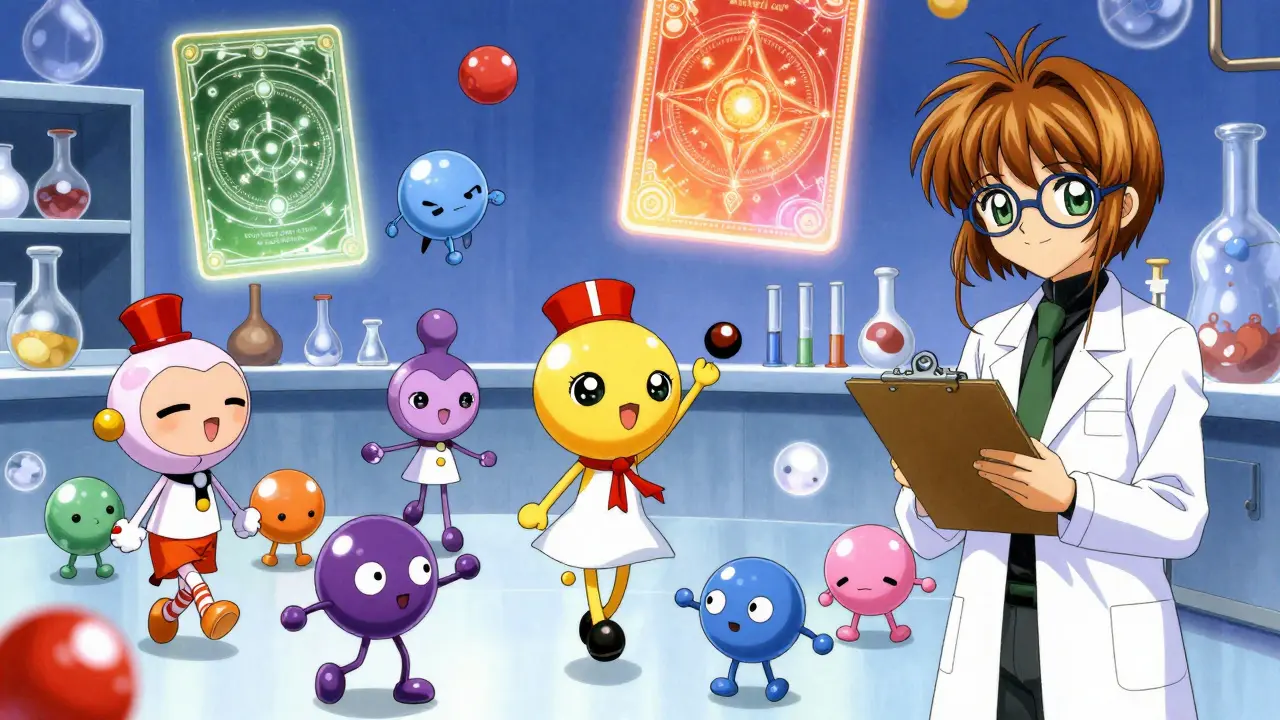 Cute molecules dancing in whimsical anime lab setting