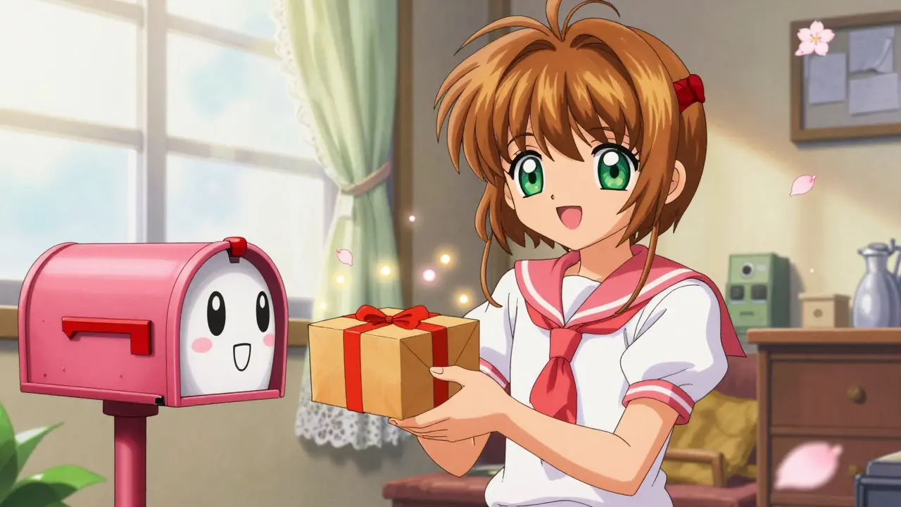 Girl receiving a medicine package from a cute mailbox character.