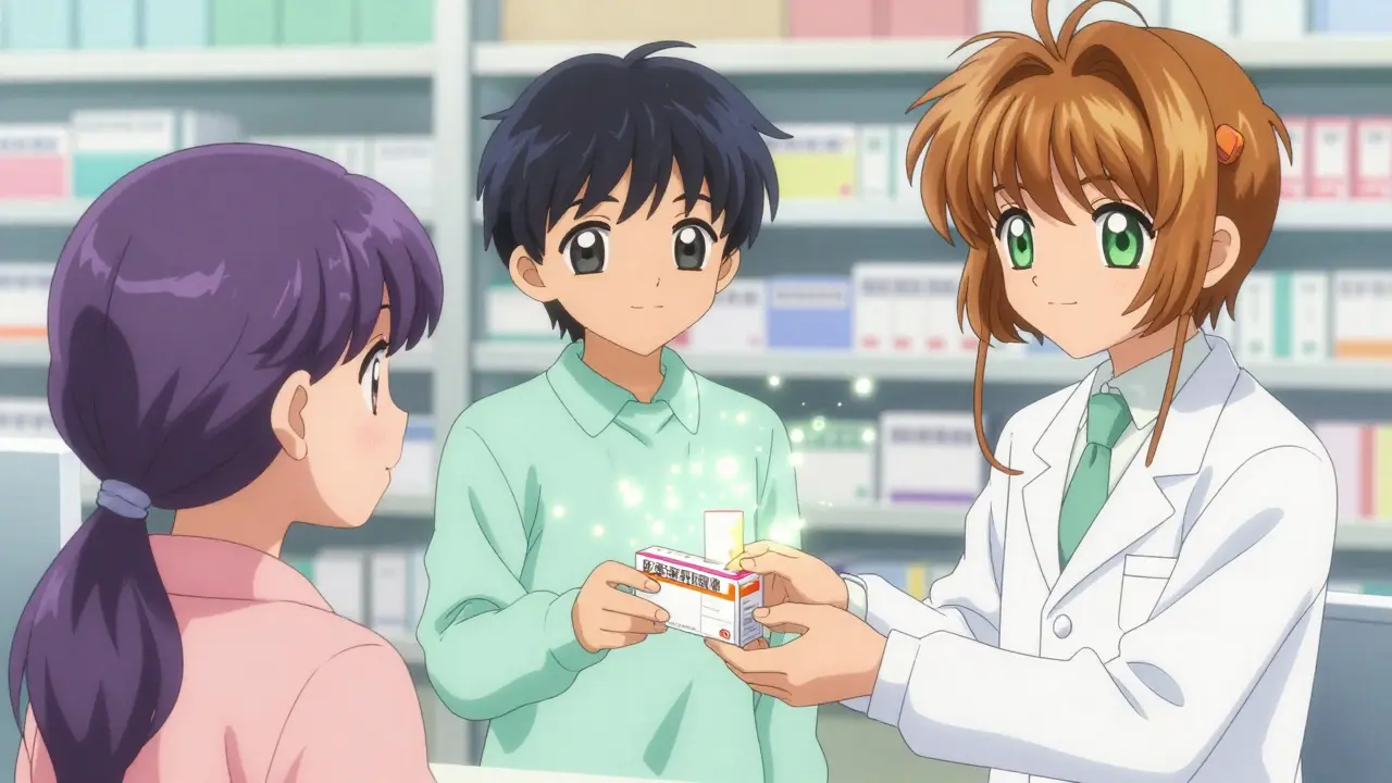 Pharmacist handing medicine to patient in anime style