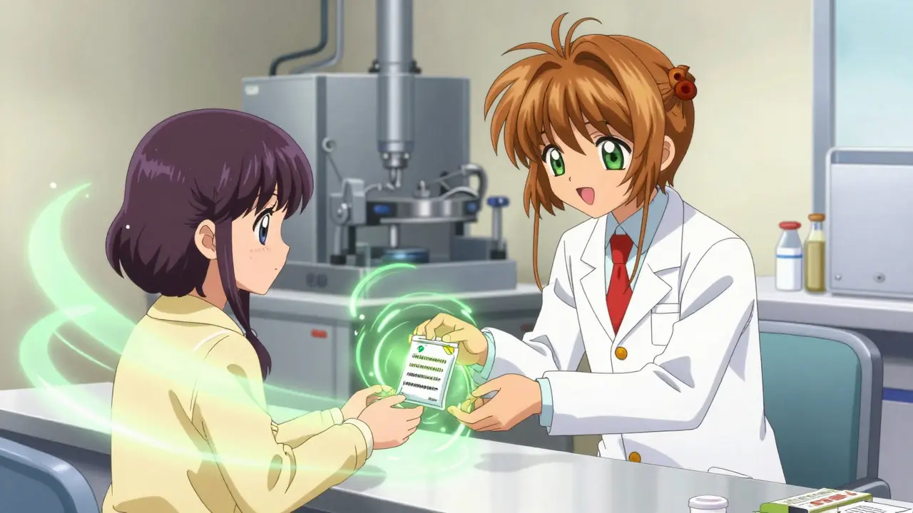 Pharmacist handing prescription with healing energy waves