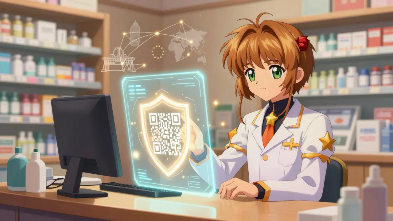 Pharmacist uses holographic QR interface for patient safety in a magical anime pharmacy