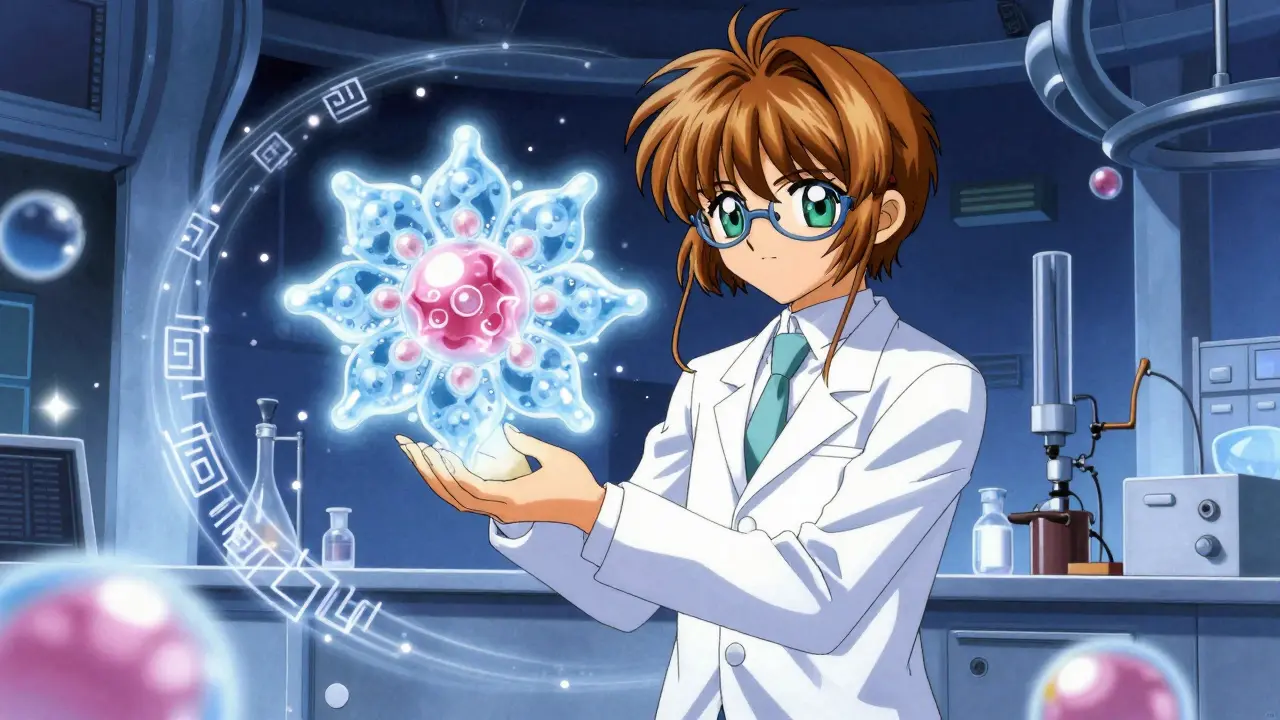 Scientist holding glowing biosimilar molecule in magical lab setting