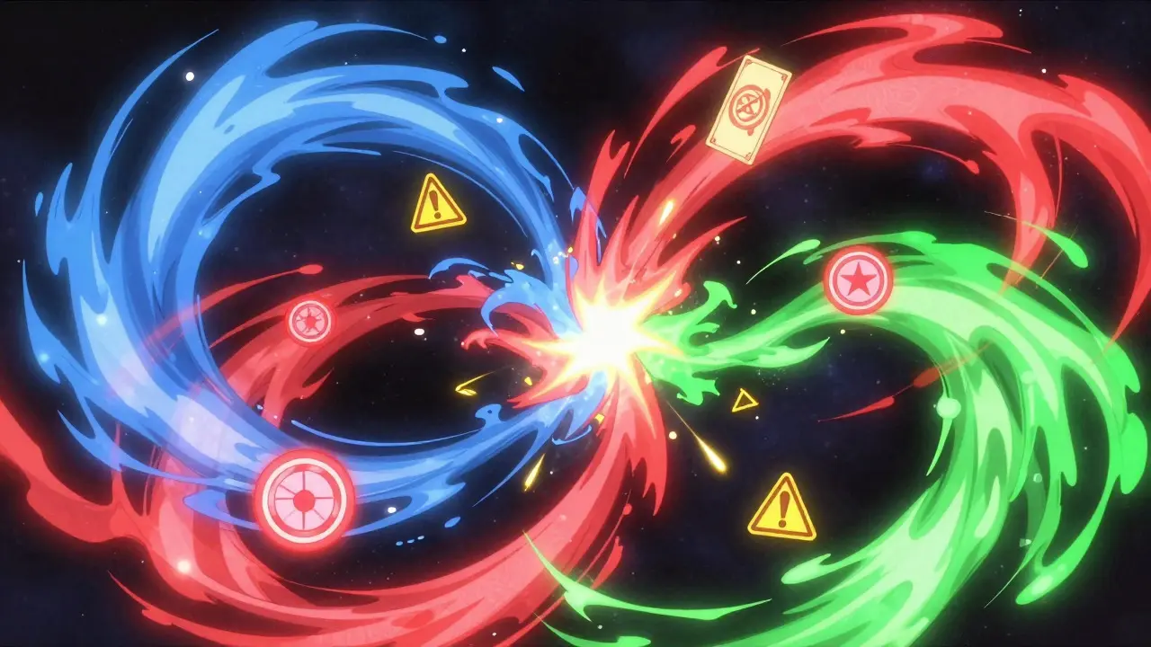 Abstract anime art showing swirling energy streams representing drug interactions