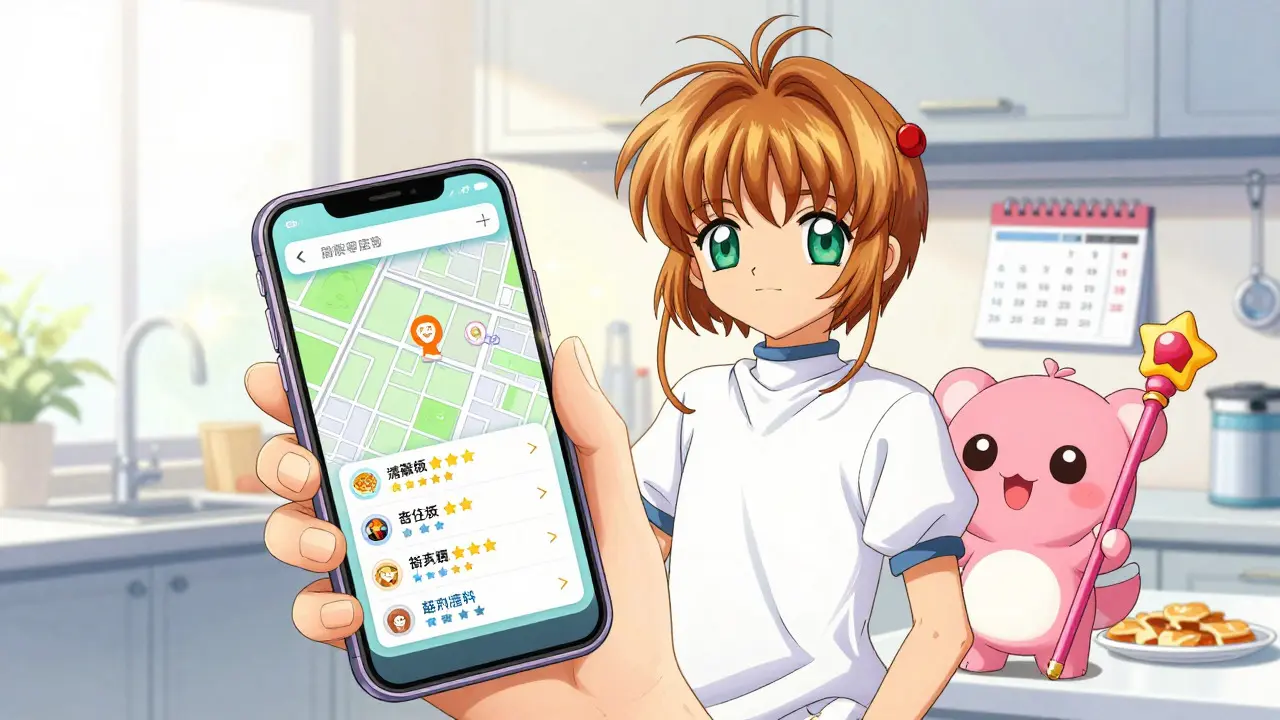 Anime girl planning restaurant visit with phone and mascot helper