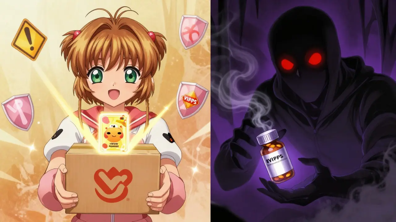 Anime scene comparing safe pharmacy vs dangerous fake site