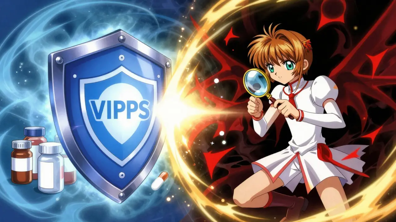 Anime shield protecting medicine from dark rogue pharmacy shadows