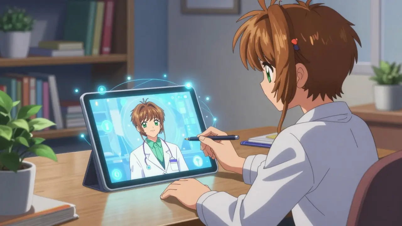 Character using magical tablet for online doctor consultation