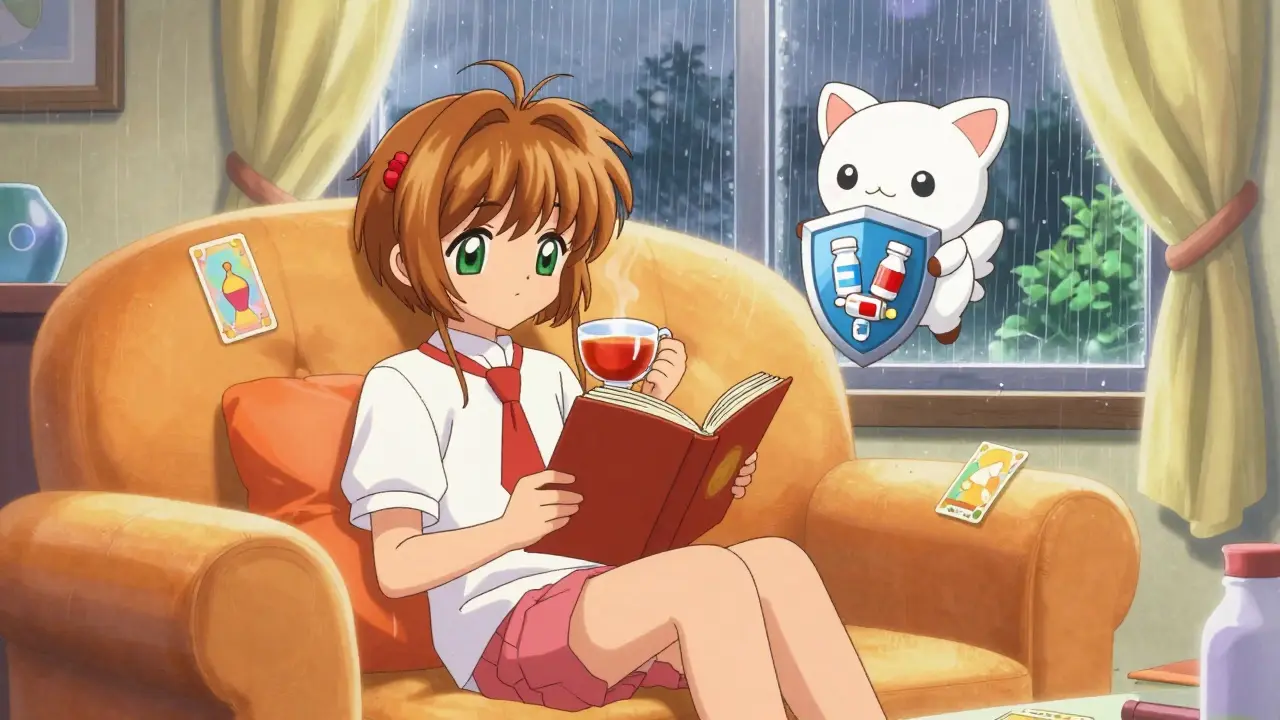 Cozy anime interior with mascot protecting against online pharmacy scams