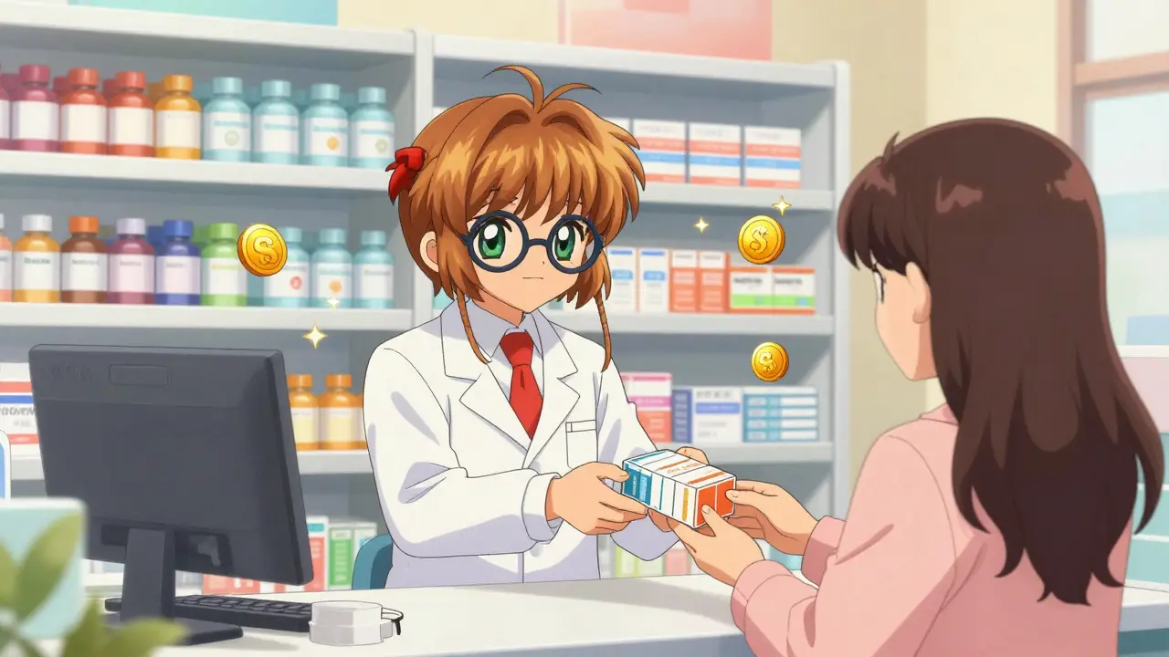 Cute anime pharmacist handing medicine with floating discount tags
