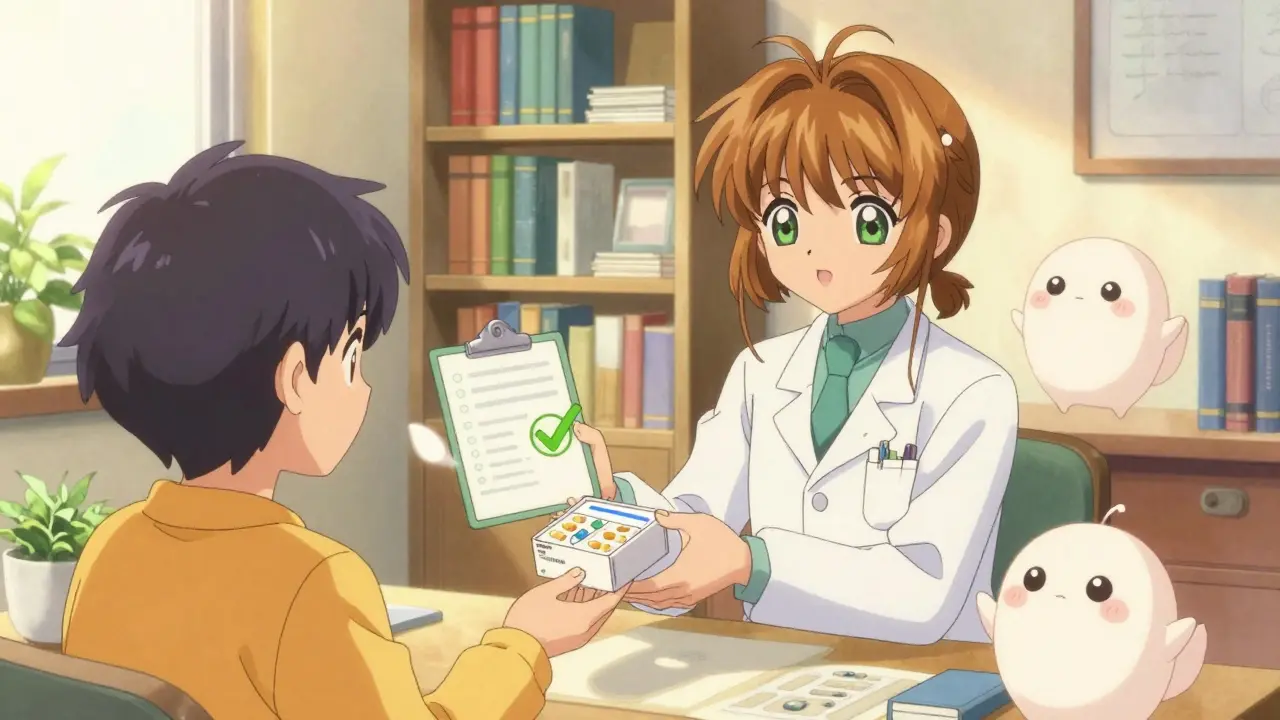 Doctor handing generic meds to patient with magical helpers
