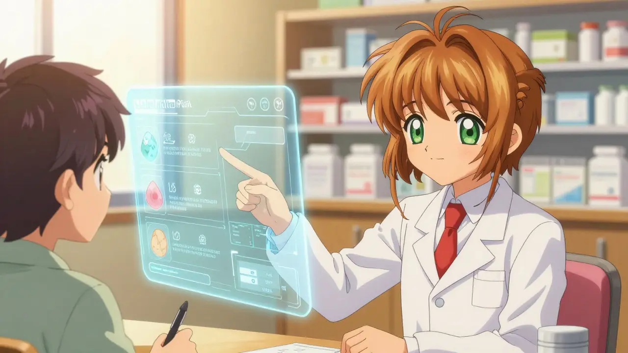 Doctor reviewing holographic medication action plan with patient