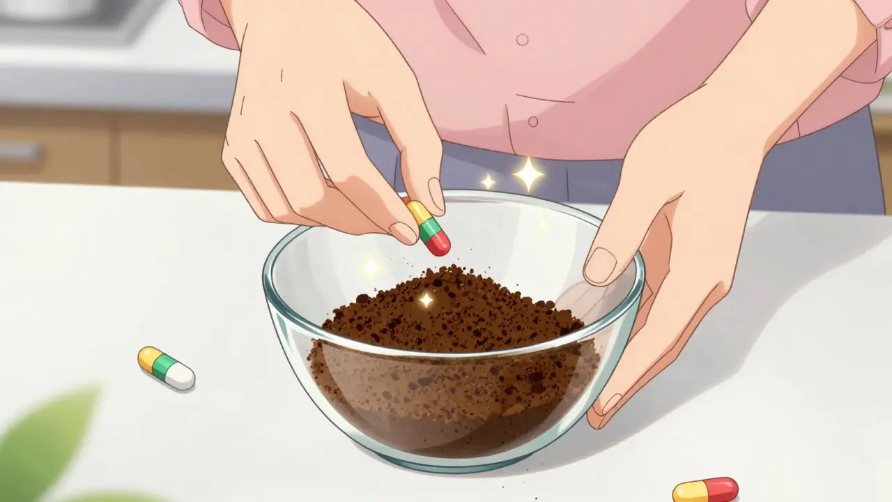 Hands mixing pills with coffee grounds in a bowl