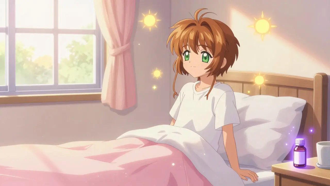 Happy person waking up with morning light therapy