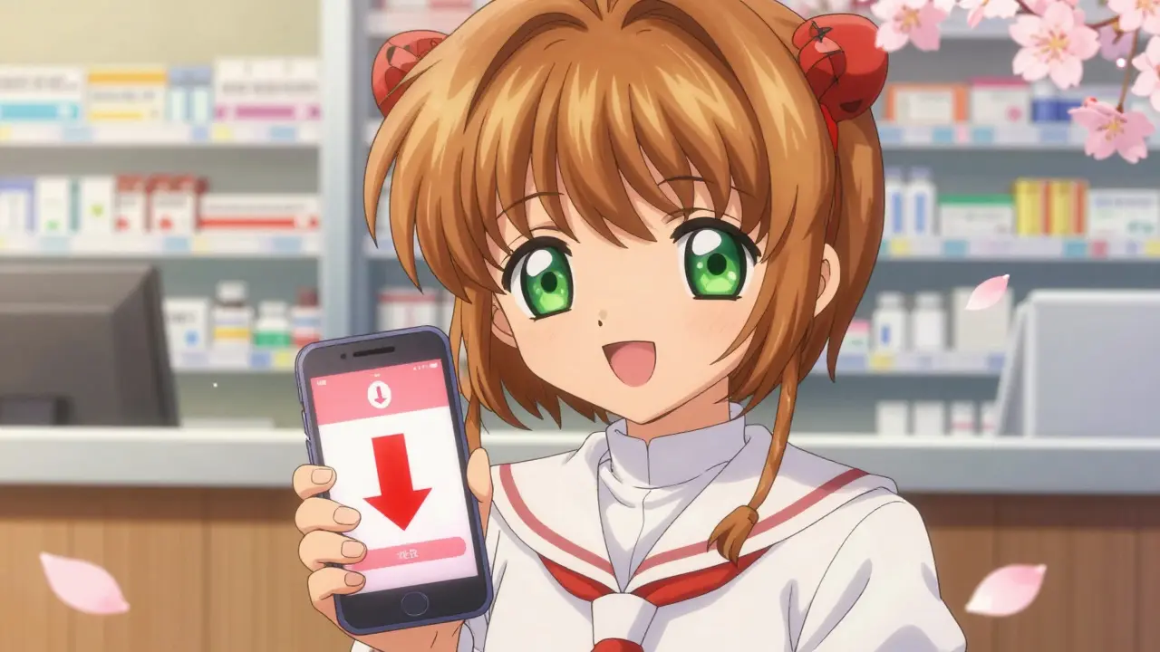 Happy woman using app for discounted medication prices