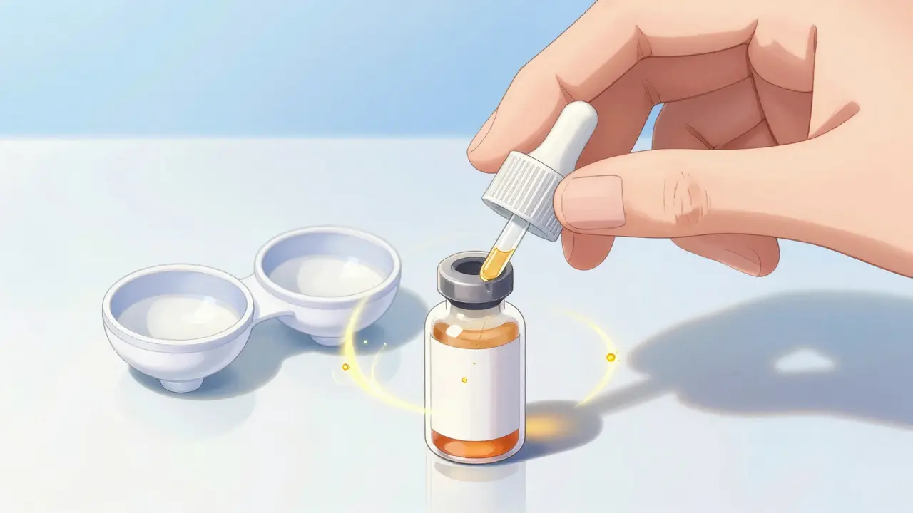 Healing eye drops bottle with magic sparkles and contact lenses