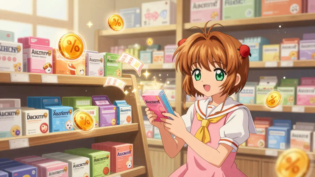 Magical anime scene showing affordable allergy meds and savings icons