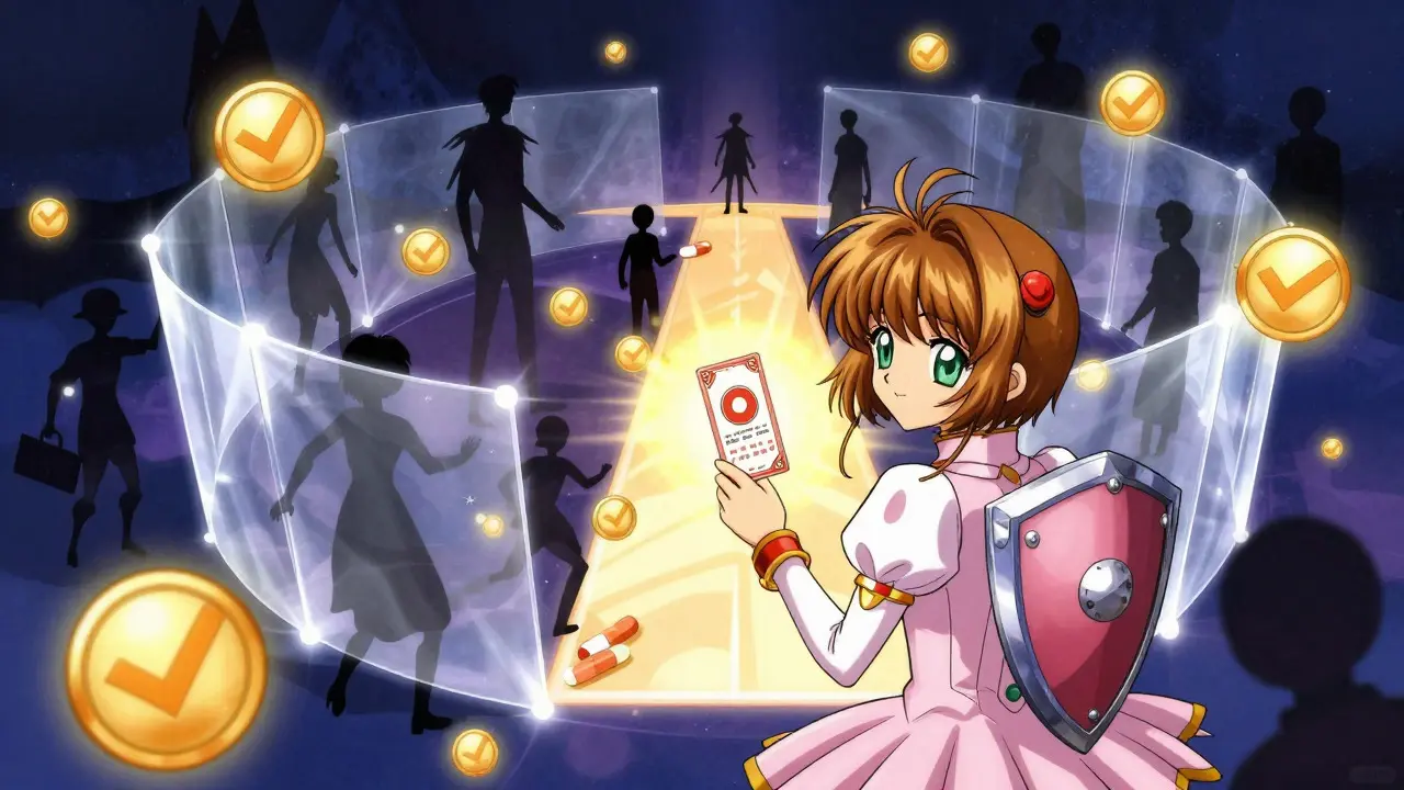 Magical barrier filtering out scam pills in anime style