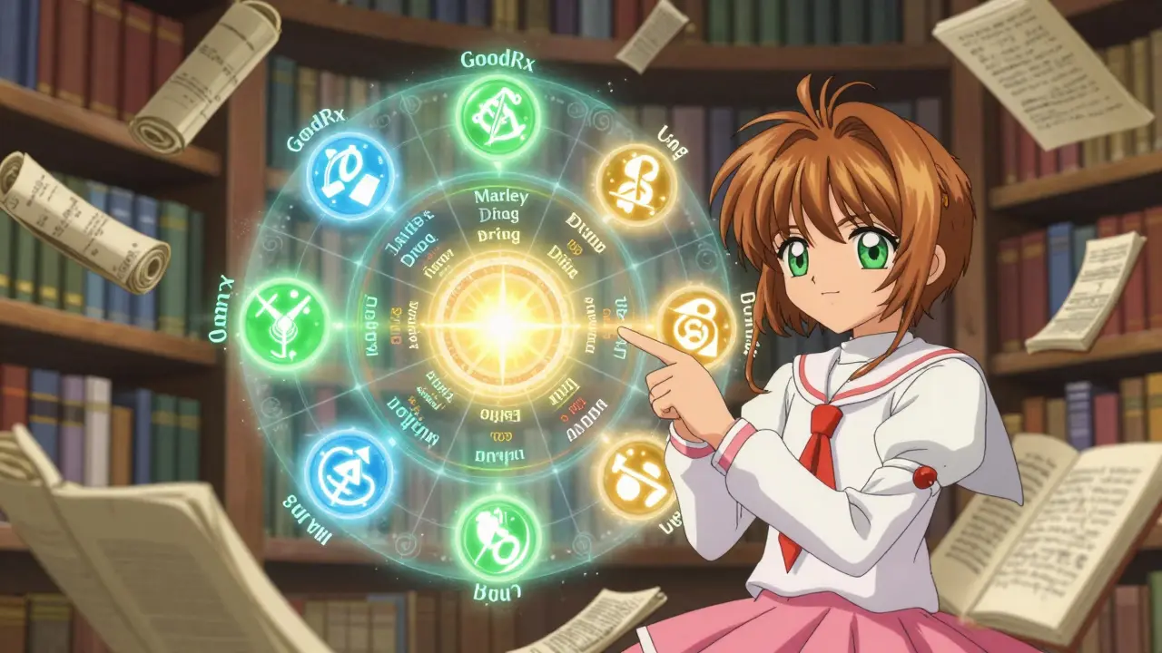 Magical floating symbols comparing pharmacy prices