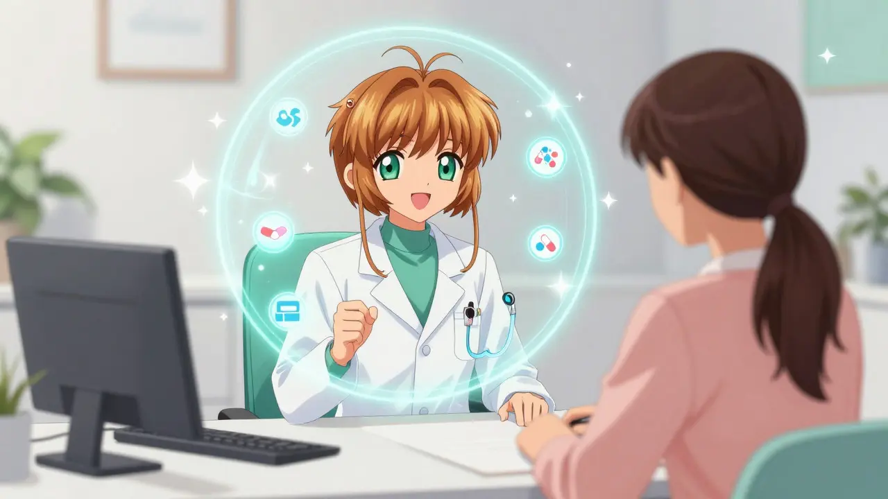 Magical telehealth doctor consulting with patient, anime style