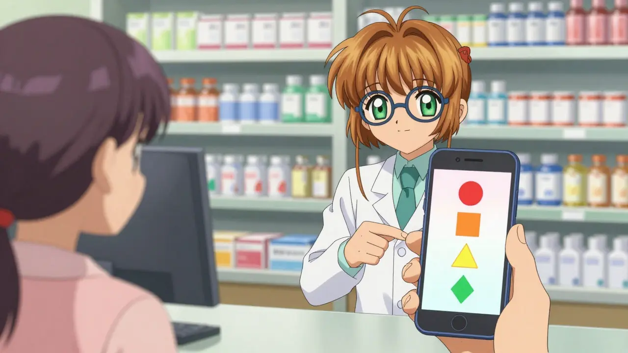 Pharmacist explaining color-coded interaction warnings on a phone to a patient