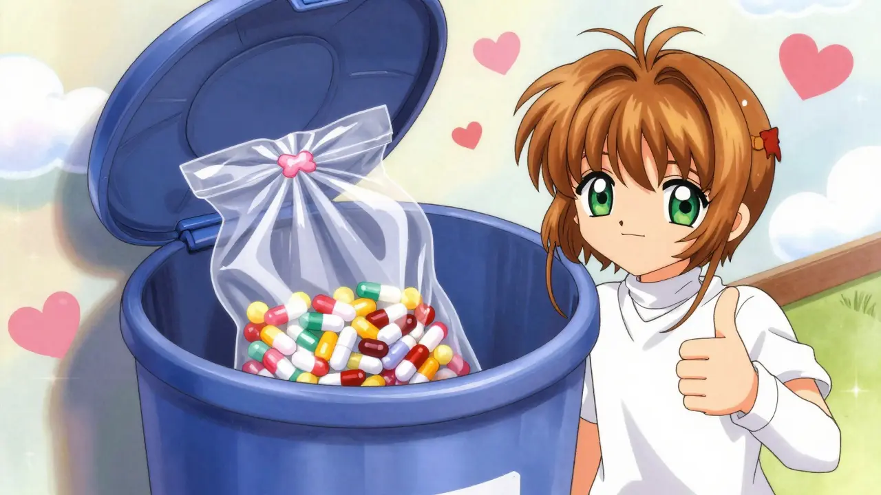 Sealed bag of disposed meds in trash bin