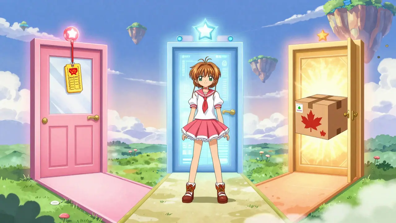 Three magical doors representing pharmacy options