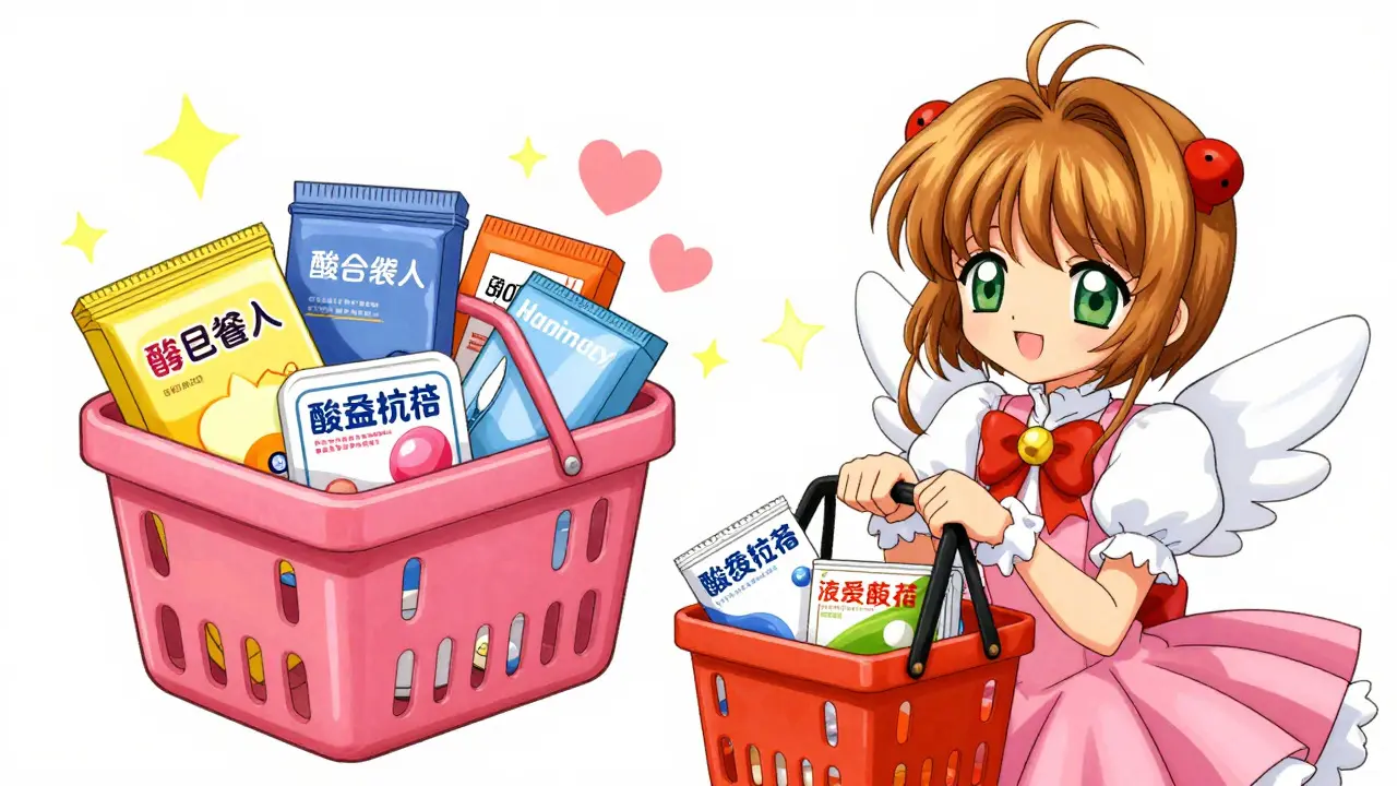 Anime character comparing bulk and single allergy medication purchases