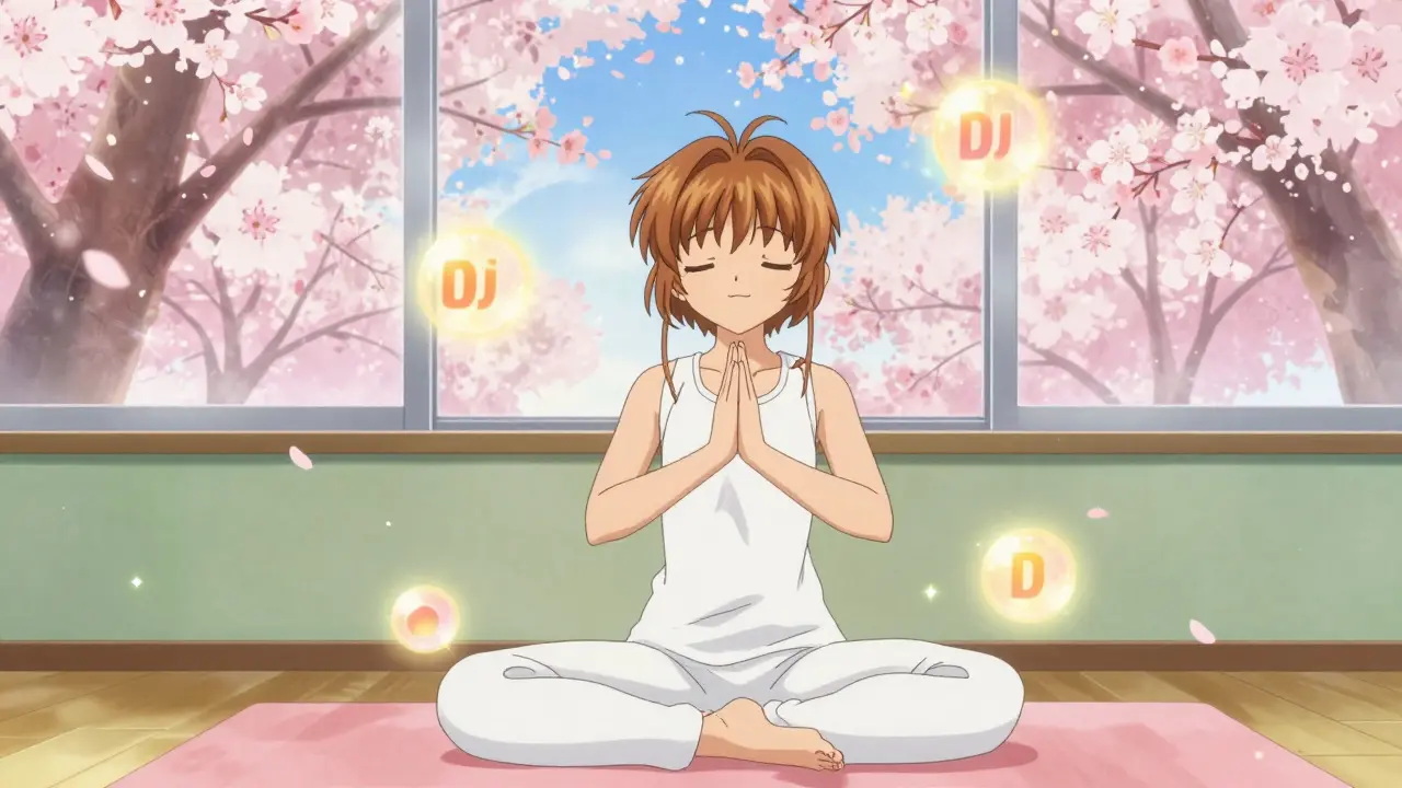 Anime character doing yoga indoors with glowing vitamin D orbs and cherry blossoms.