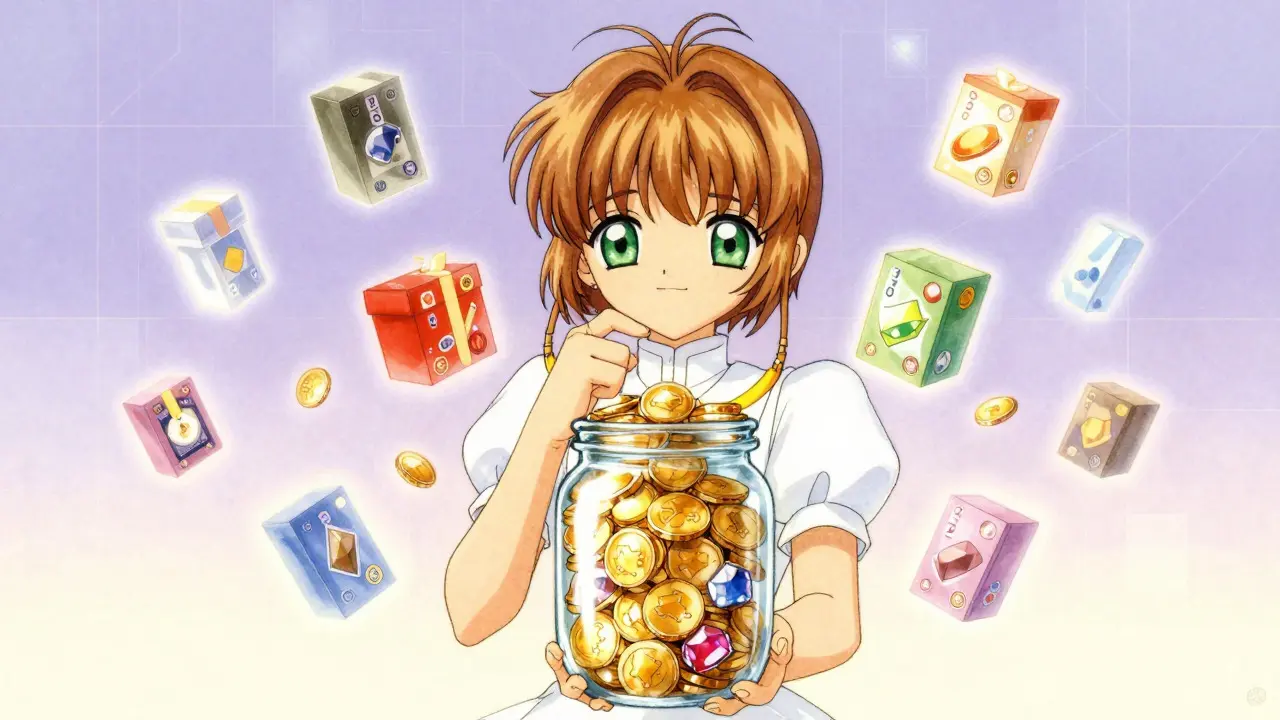 Anime character holding a jar of coins surrounded by floating product boxes