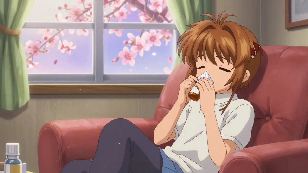 Anime girl relaxing at home during spring while taking allergy pills