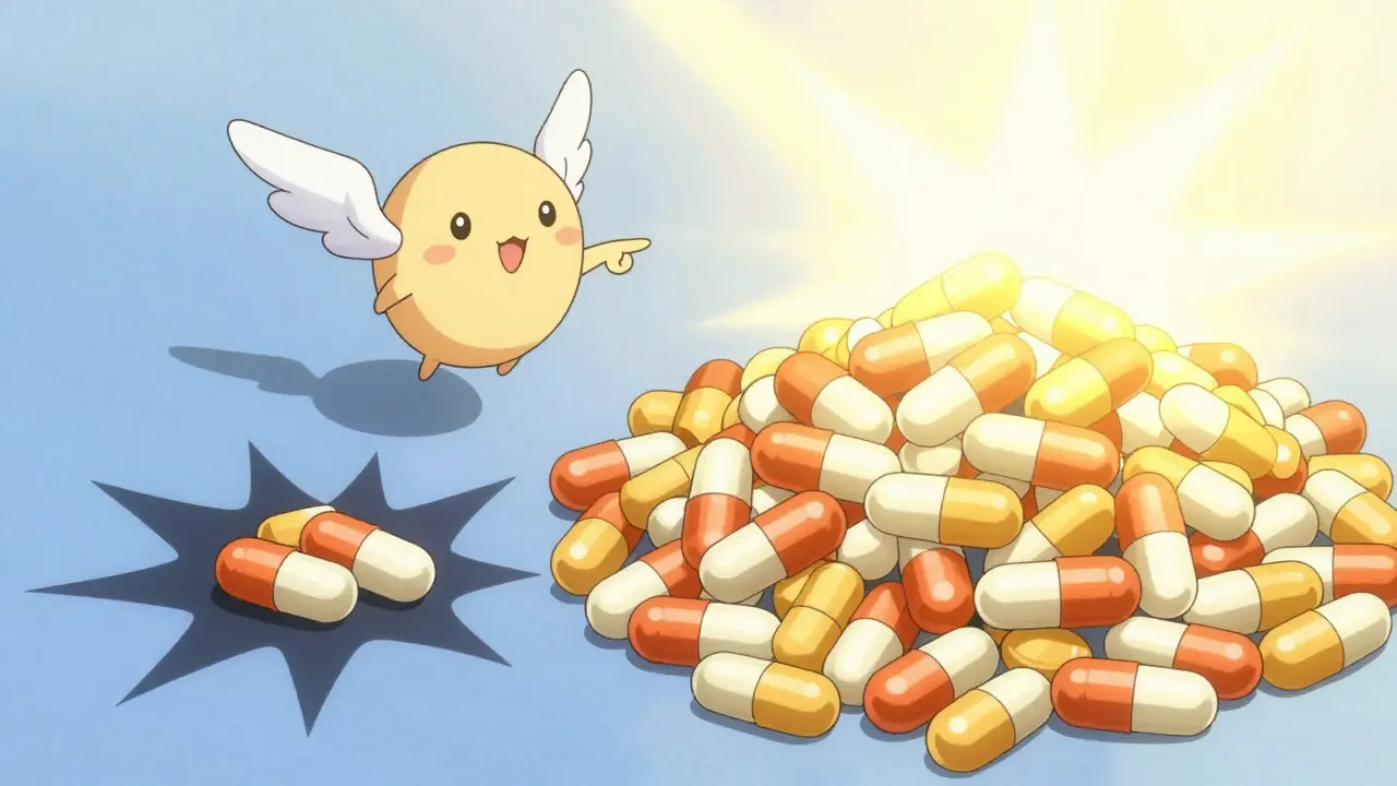 Anime illustration contrasting expensive and affordable generic antibiotic pills
