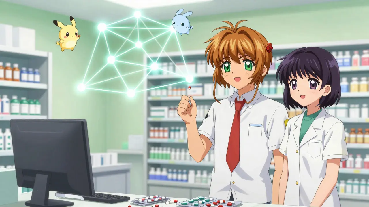 Anime illustration of a patient and pharmacist celebrating a simplified and organized medication plan