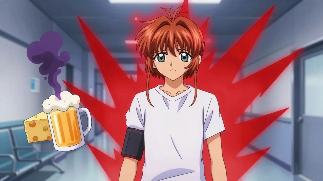 Anime man experiencing headache with red pressure effects