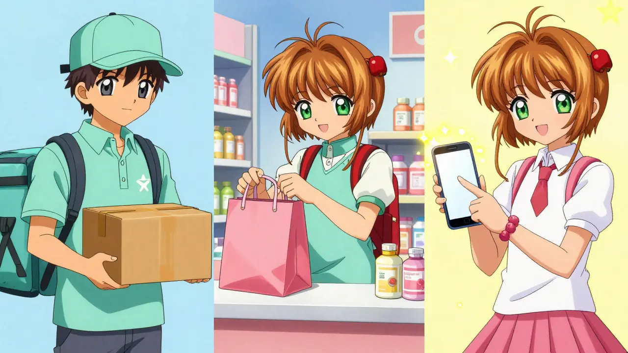 Anime scene comparing three different ways to buy medicine online with magical effects