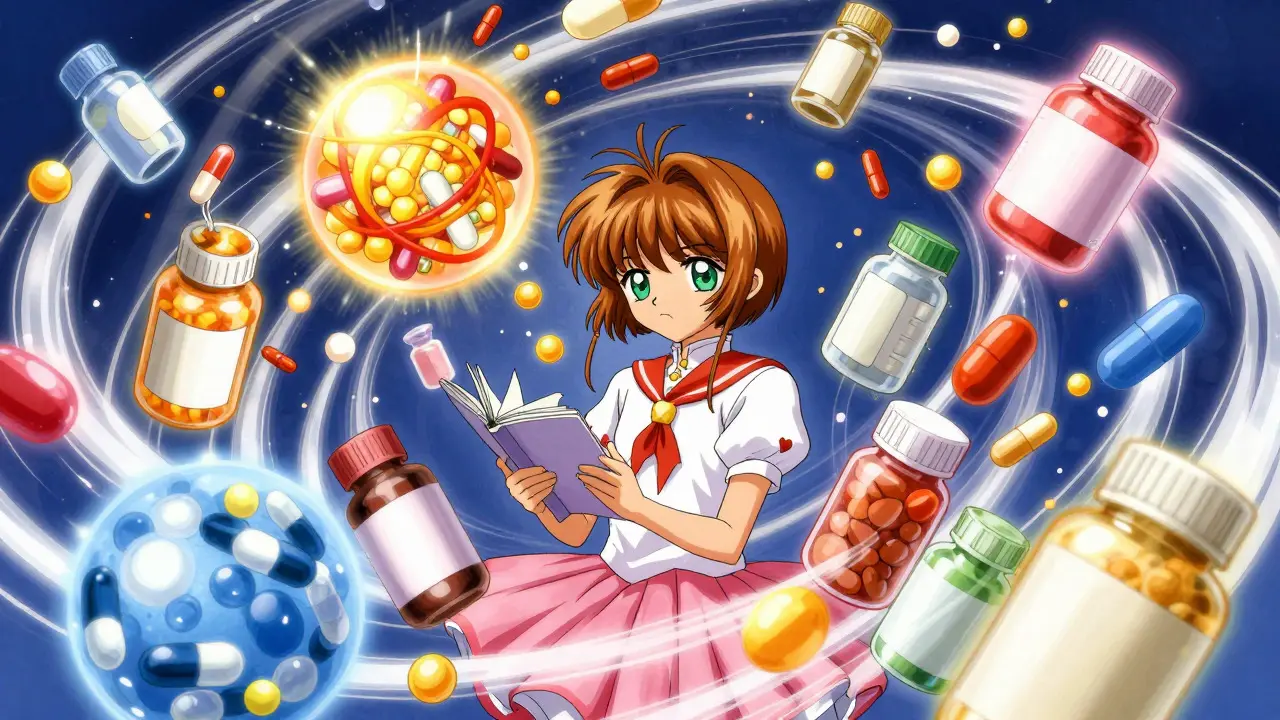 Cardcaptor Sakura style art showing a person overwhelmed by a swirl of colorful medication bottles