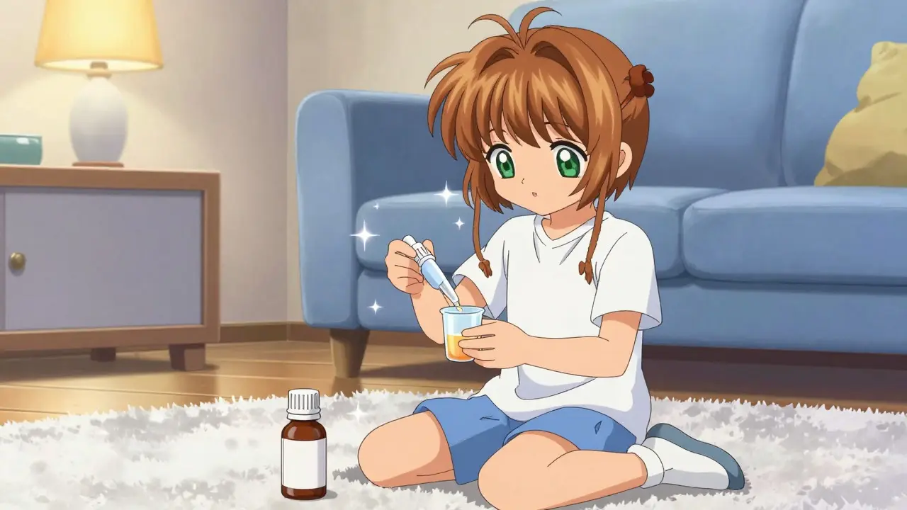 Child carefully measuring liquid medication in a cozy room