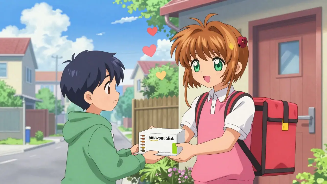 Courier delivering medicine package to happy patient in anime style