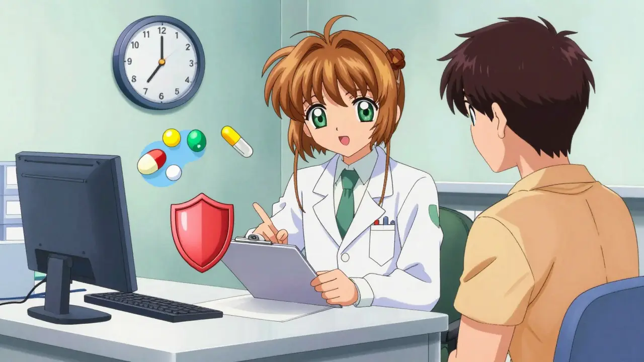 Doctor consulting with a patient about medication safety in anime style