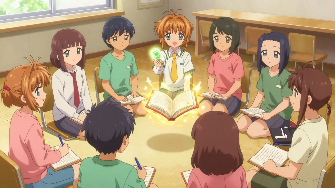 Group of anime friends sharing advice in a cozy room