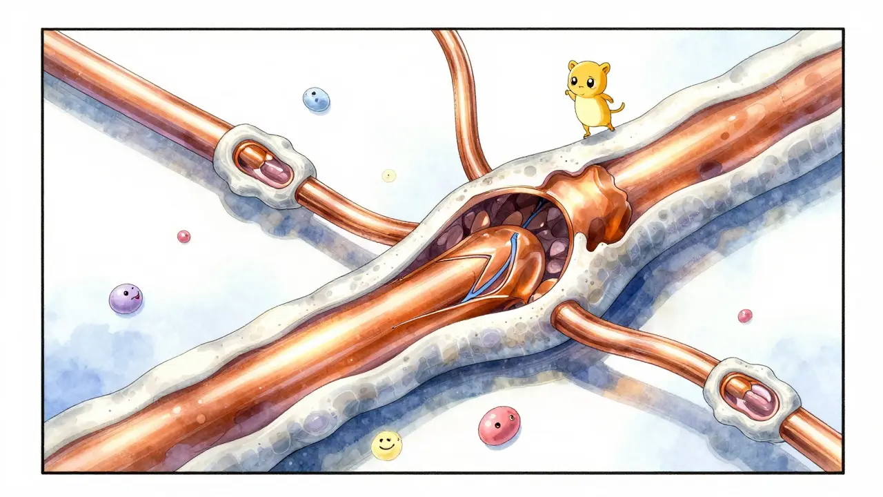 Manga illustration of a nerve fiber with peeling myelin insulation and cute spirits.
