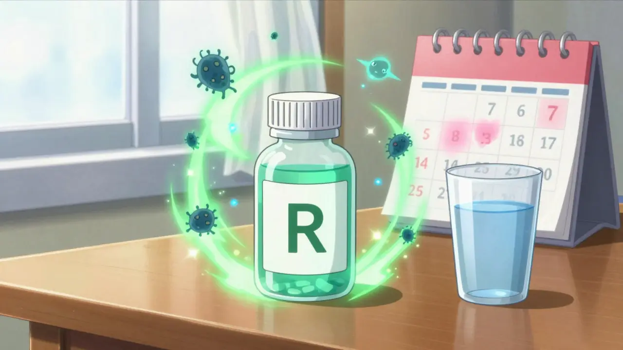 Medicine bottle with healing magic aura and calendar showing full antibiotic course.